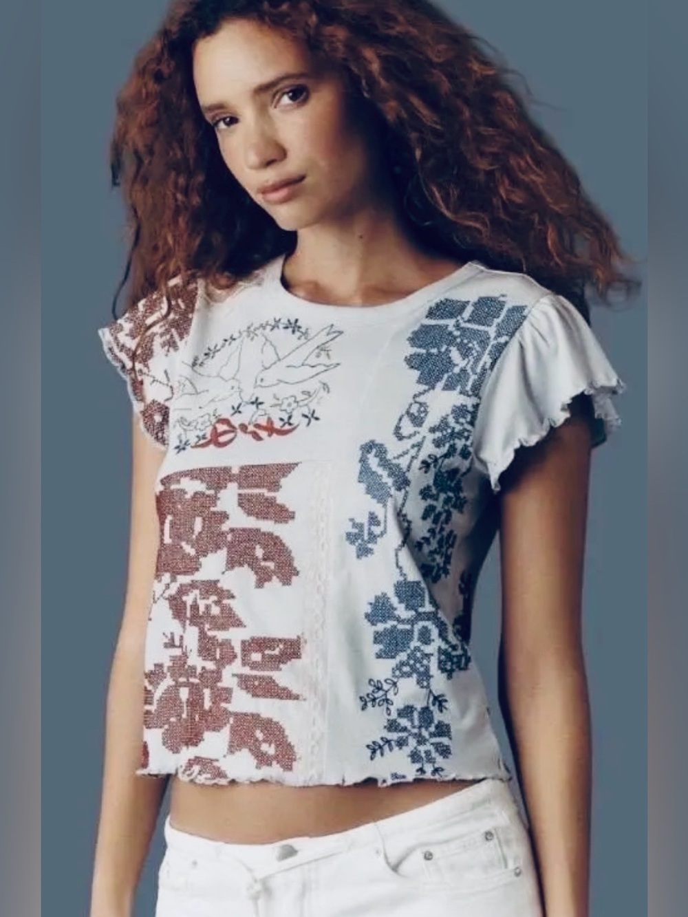 NWOT By Anthropologie Embroidered Baby Tee in Light Blue, Women’s Size S